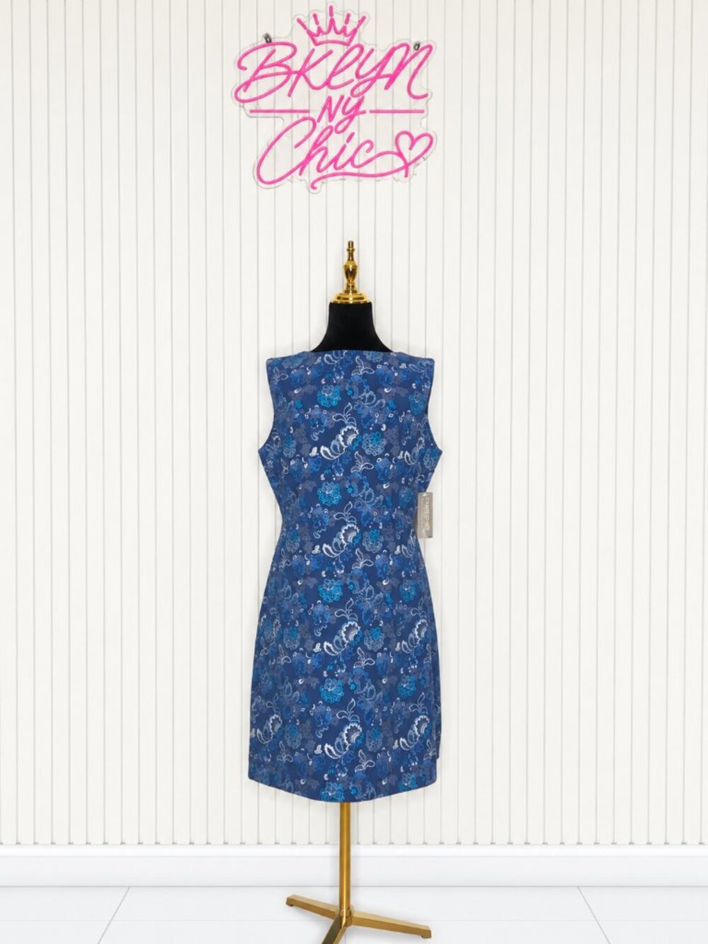 Eva Mendes Blue Tapestry Floral Fit & Flare Dress